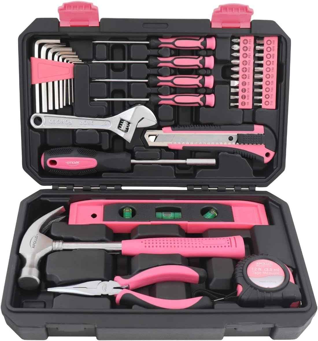Apollo Tools Original 39 Piece General Household Tool Set in Toolbox Storage Case with Essential Hand Tools for Everyday Home Repairs, DIY and Crafts - Pink Ribbon - Pink - DT9706P