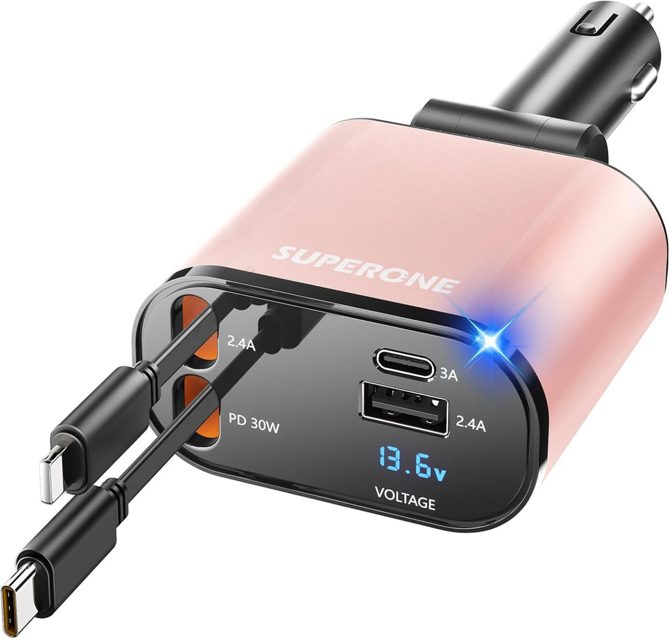 ‹ېUpgraded‹ÛÔ SUPERONE Retractable Car Charger 4 in 1, Fast Car Phone Charger with Cord 2.6ft, USB C and Apple Car Adapter, Compatible with iPhone 17 16 15/15 Pro Max/14/13/12/11, Galaxy, Pixel - PureLivingMart