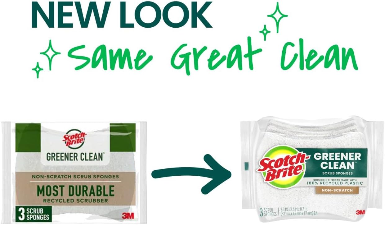 Scotch-Brite Greener Clean Non-Scratch Scrub Sponge, Sponge for Washing Dishes, Cleaning Kitchen, Superior Performance and Made with Sustainable Materials, Dishwasher Safe, 3 Scrub Sponges