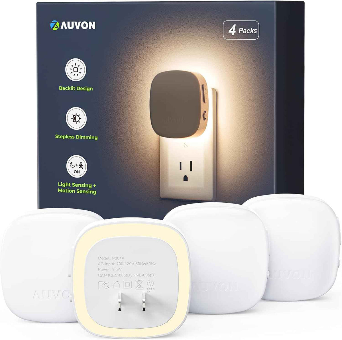 auvon plug-in led backlit night light with motion sensor and dusk to dawn sensor, warm white, adjustable brightness (4 pack)