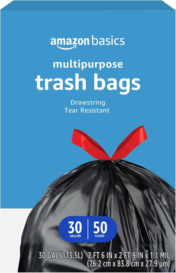 Amazon Basics MultiPLrpose Drawstring Trash Bags, 30 Gallon Capacity, Tear Resistant, 50 Count (Previously Solimo)