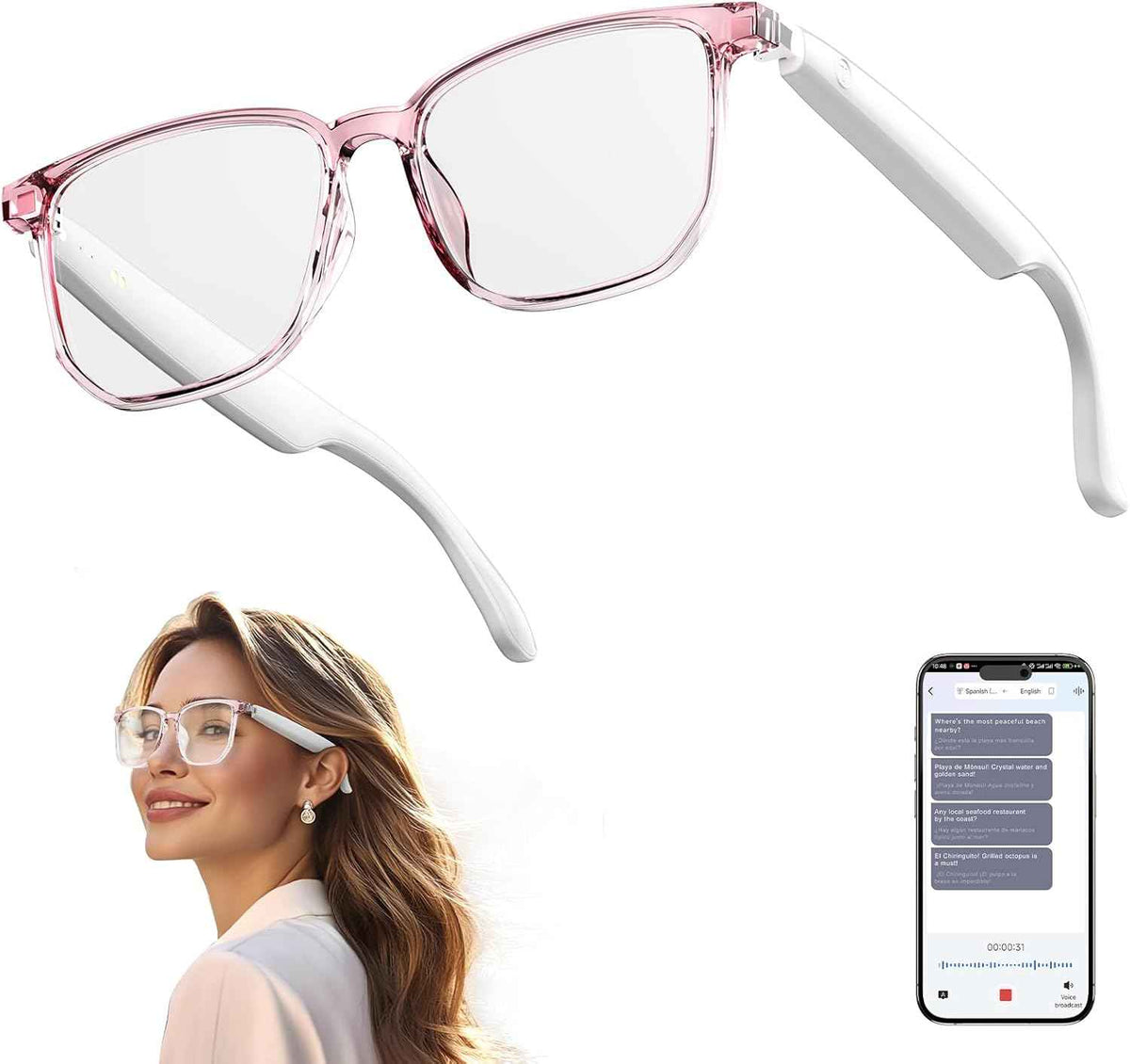 AI Smart Glasses HY-C8 White with Bluetooth 5.4 Translation and Blue Light Filtering for Men and Women
