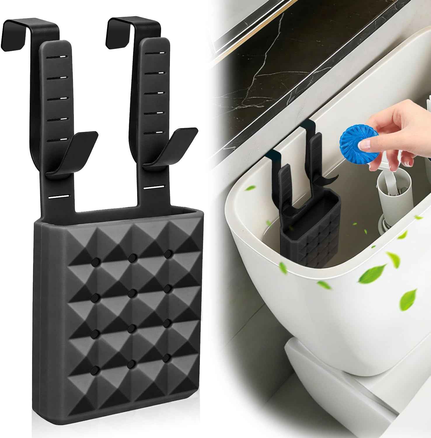 Adjustable Toilet Tank Cleaning Tablet Holder-Hanging Silicone Basket Carrier with Rustproof Hooks for Bowl Cleaner & Bleach Tablet Caddy, Accessory Fit Up to 7" Water Level