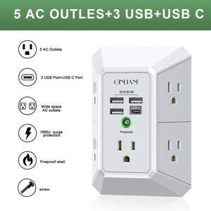 Wall Charger, Surge Protector, QINLIANF 5 Outlet Extender with 4 USB Charging Ports, 3-Sided 1680J Power Strip Multi Plug Adapter Spaced for Home Travel Office