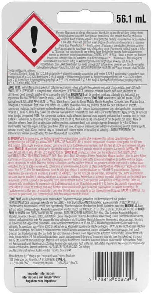 Eclectic Products inc. E6000 Plus Multi-PLrpose Clear Glue, Waterproof and Paintable, Strong Flexible Craft Adhesive for Wood, Glass, Fabric, Ceramic, Metal and More, 56.1ml