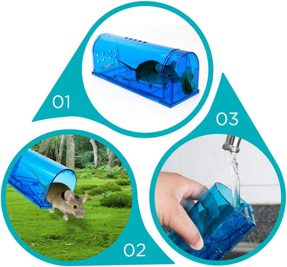 Blinc [2-Pack] Humane Mouse Trap - Catch and Release No-Kill Rodent Traps for Indoors & Outdoors - Safe for Children & Pets - Reusable Mouse Catcher for Kitchen, Pantry & Garage (Transparent Blue)