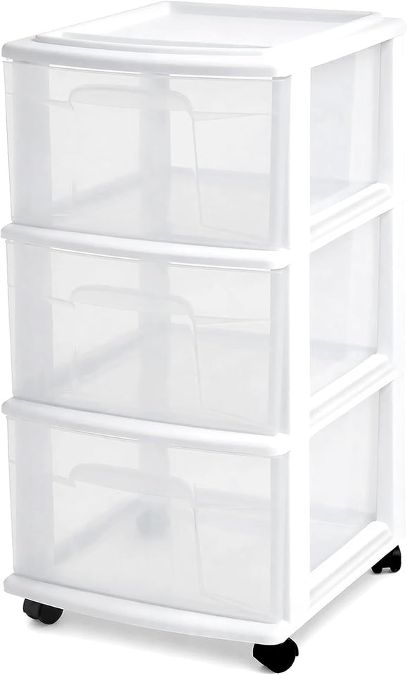 HOMZ Drawer Tower, 3-Tier Rolling Storage Cart with Removable Wheels, White Frame – Plastic Organizer with Clear Bin Drawers for Bedroom, Bathroom, Home Office, and Dorm Room