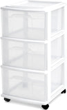 HOMZ Drawer Tower, 3-Tier Rolling Storage Cart with Removable Wheels, White Frame – Plastic Organizer with Clear Bin Drawers for Bedroom, Bathroom, Home Office, and Dorm Room