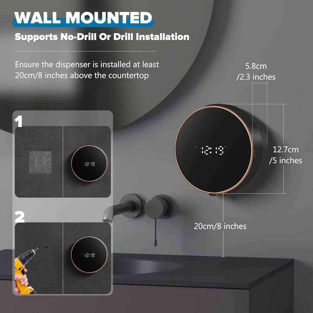 Automatic Soap Dispenser Foam Bathroom: Wall Mount Rechargeable Touchless Adjustable Auto Smart Electric Plastic Black Foaming Soap Dispenser with Clock - Kitchen - Hand Dish Lotion Couple Kids