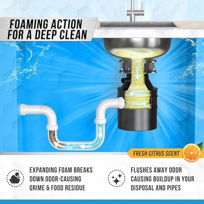 Garbage Disposal Cleaner Deodorizer Tablets - 24 Pack, New Powerful XL Foaming Tablet - Fresh Citrus Foam Sink Garburator Disposer Freshener, Natural Kitchen Drain Cleaning Care - 1 Year Supply - PureLivingMart