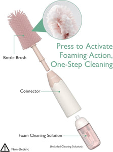 Silicone Baby Bottle Brush Set with Push-Press Foam Dispenser – Portable 3-Piece Cleaning Kit for Breast Pumps, Nipples, and Straws in Pink