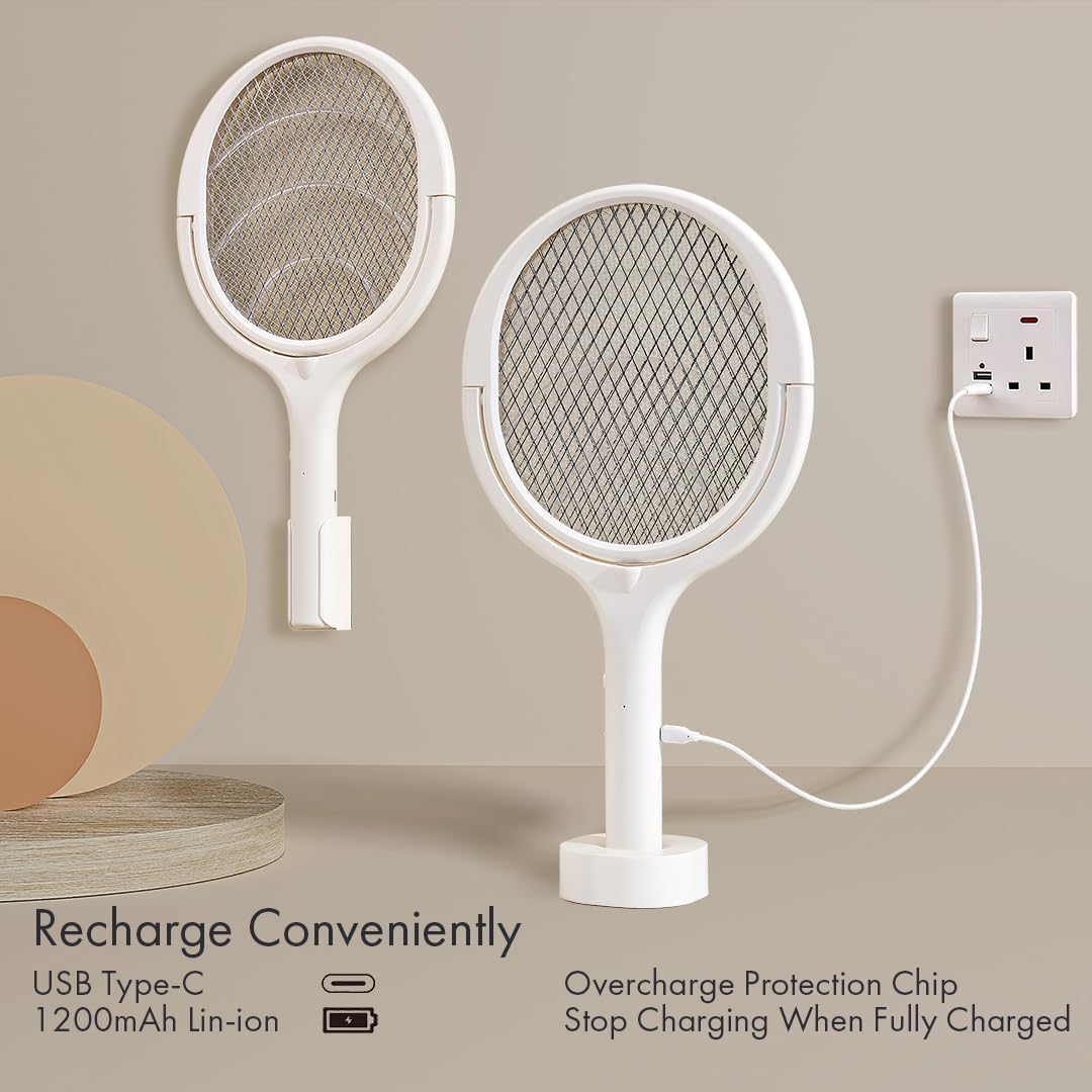 GeckoMan Rotating Head Electric Fly Swatter Racket Rechargeable Bug Zapper Racket Bug Zapper Indoor Fly Zapper Mosquito Zapper Flies Killer for Indoors, with a Telescopic Extension