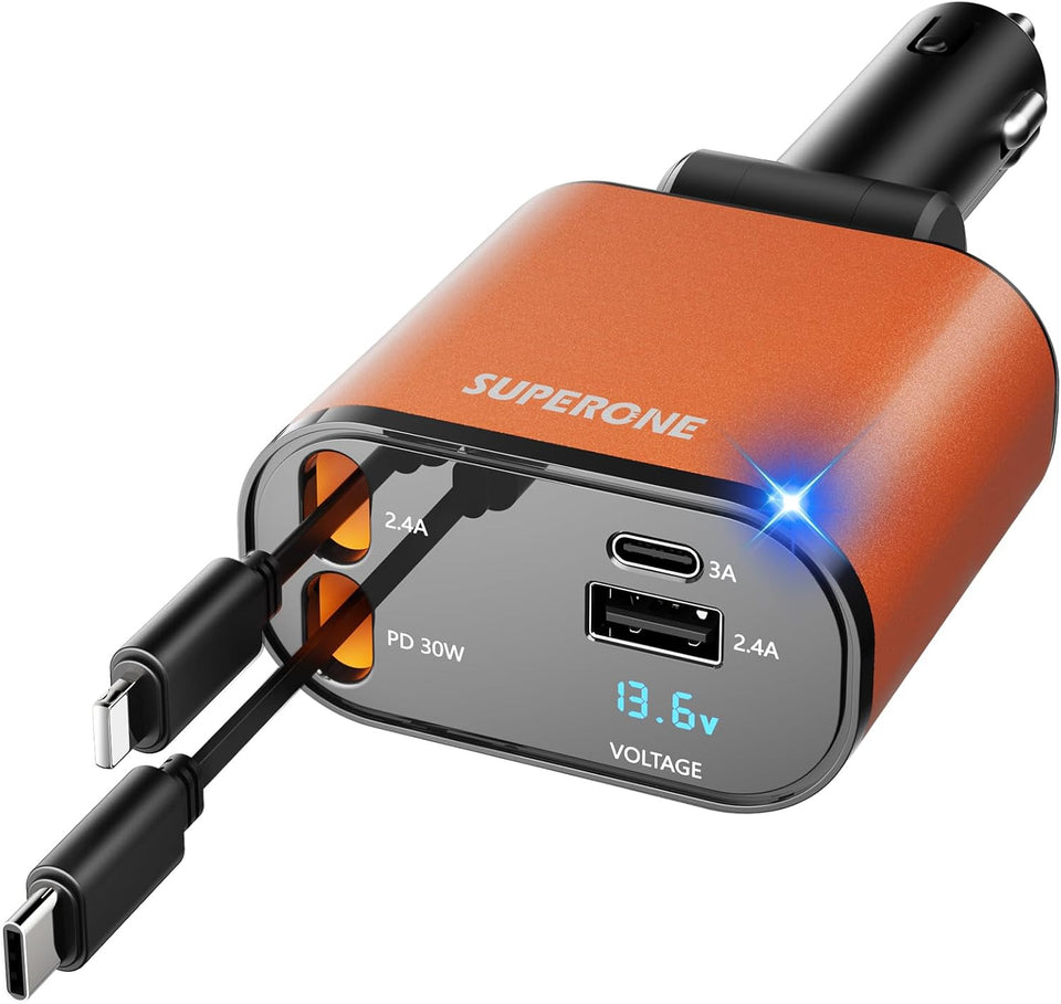 ‹ېUpgraded‹ÛÔ SUPERONE Retractable Car Charger 4 in 1, Fast Car Phone Charger with Cord 2.6ft, USB C and Apple Car Adapter, Compatible with iPhone 17 16 15/15 Pro Max/14/13/12/11, Galaxy, Pixel - PureLivingMart