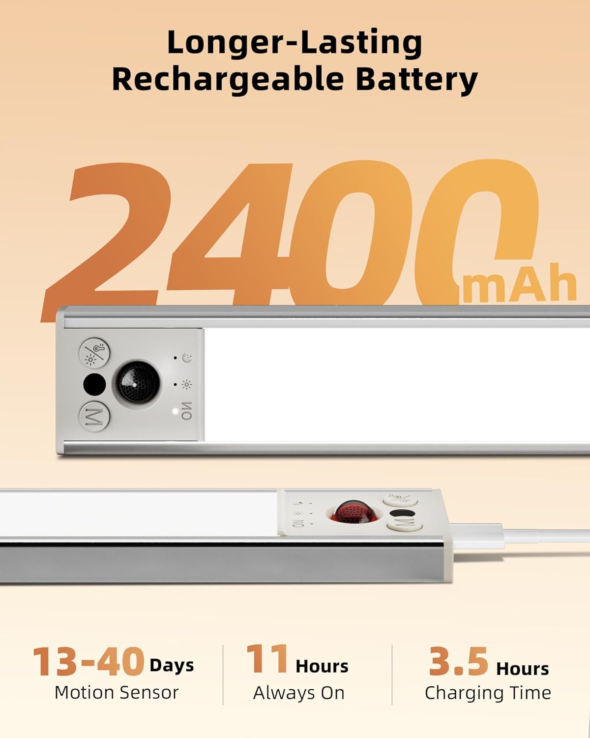 EZVALO 10inch Under Cabinet Lighting, LED Motion Sensor Light Indoor, 2400mAh USB Rechargeable Closet Lights, Dimmable & Magnetic Wireless Under Counter Lights for Kitchen, Pantry, Stairs (2 Pack)