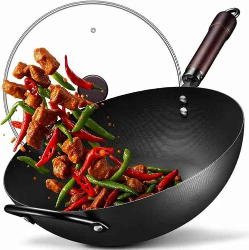 Wok, 13 Inch carbon steel woks & stir-fry pans nonstick, Pre-Seasoned 5.8QT Flat Bottom Chinese Wok Paella Pan with lid, Carbon Steel Cookware, Compatible with All Cooktops