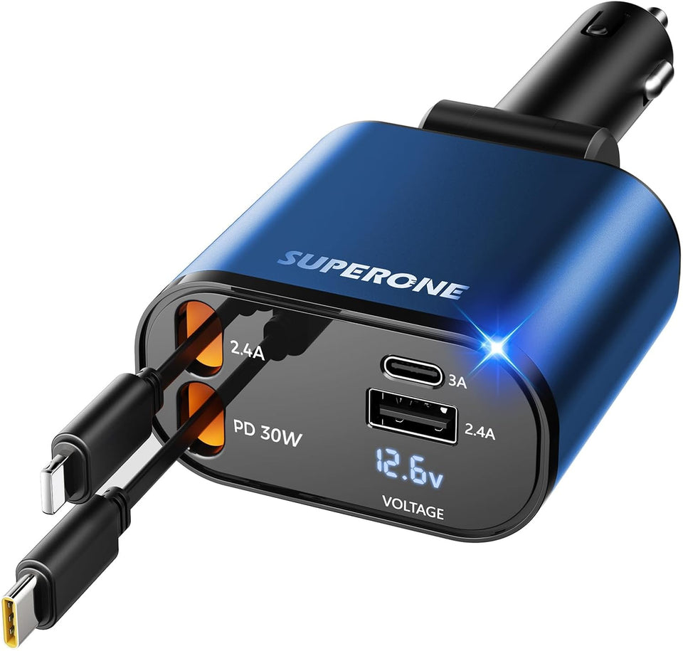 ‹ېUpgraded‹ÛÔ SUPERONE Retractable Car Charger 4 in 1, Fast Car Phone Charger with Cord 2.6ft, USB C and Apple Car Adapter, Compatible with iPhone 17 16 15/15 Pro Max/14/13/12/11, Galaxy, Pixel - PureLivingMart