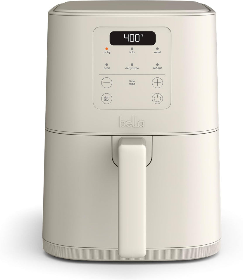 bella 4Qt Slim Air Fryer, Fits-anywhere™ Kitchenware, EverGood™ Ceramic Nonstick Coating, Adjustable Temperature, 6 Preset Cooking Options, 60 Min Auto Shutoff w Audible Tone, 3.3lb Capacity, Oatmilk