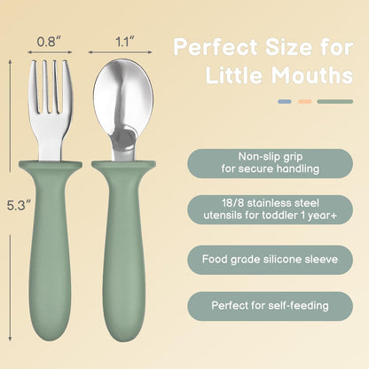 Toddler Utensils, 6 Pack kids Silverware Set with Silicone Handle, 18/8 Stainless Steel Children Safe Forks and Spoons, Dishwasher Safe