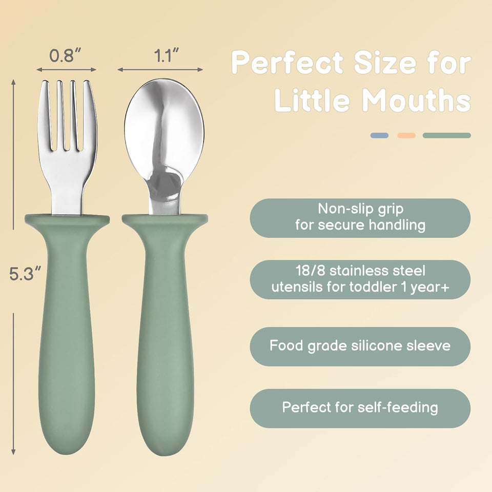 Eascrozn Toddler Utensils, 6 Pack kids Silverware Set with Silicone Handle, 18/8 Stainless Steel Children Safe Forks and Spoons, Dishwasher Safe