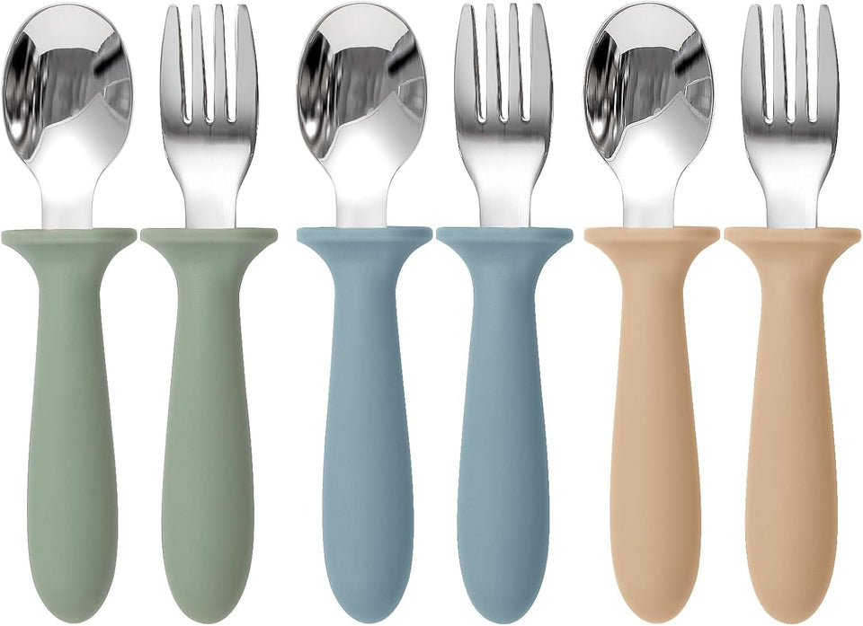 Eascrozn Toddler Utensils, 6 Pack kids Silverware Set with Silicone Handle, 18/8 Stainless Steel Children Safe Forks and Spoons, Dishwasher Safe