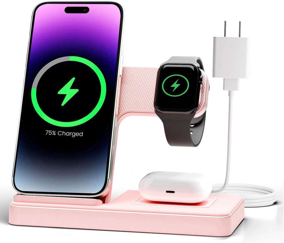 Wireless Charger iPhone Charging Station: 3 in 1 Charger Stand Multiple Devices for Apple - iPhone 16e 16 15 14 Pro Max 13 12 11 - Watch 10 9 8 7 6 5 4 3 2 SE and Ultra Series - Airpods 4 3 2 Pro - PureLivingMart