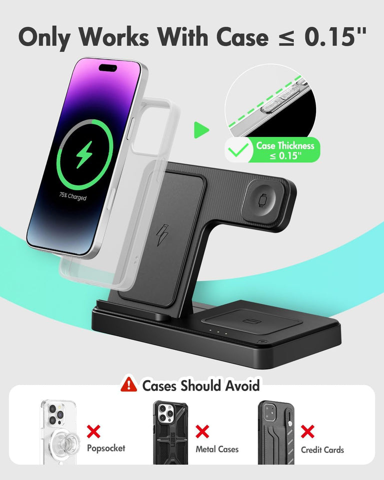 Wireless Charger iPhone Charging Station: 3 in 1 Charger Stand Multiple Devices for Apple - iPhone 16e 16 15 14 Pro Max 13 12 11 - Watch 10 9 8 7 6 5 4 3 2 SE and Ultra Series - Airpods 4 3 2 Pro - PureLivingMart