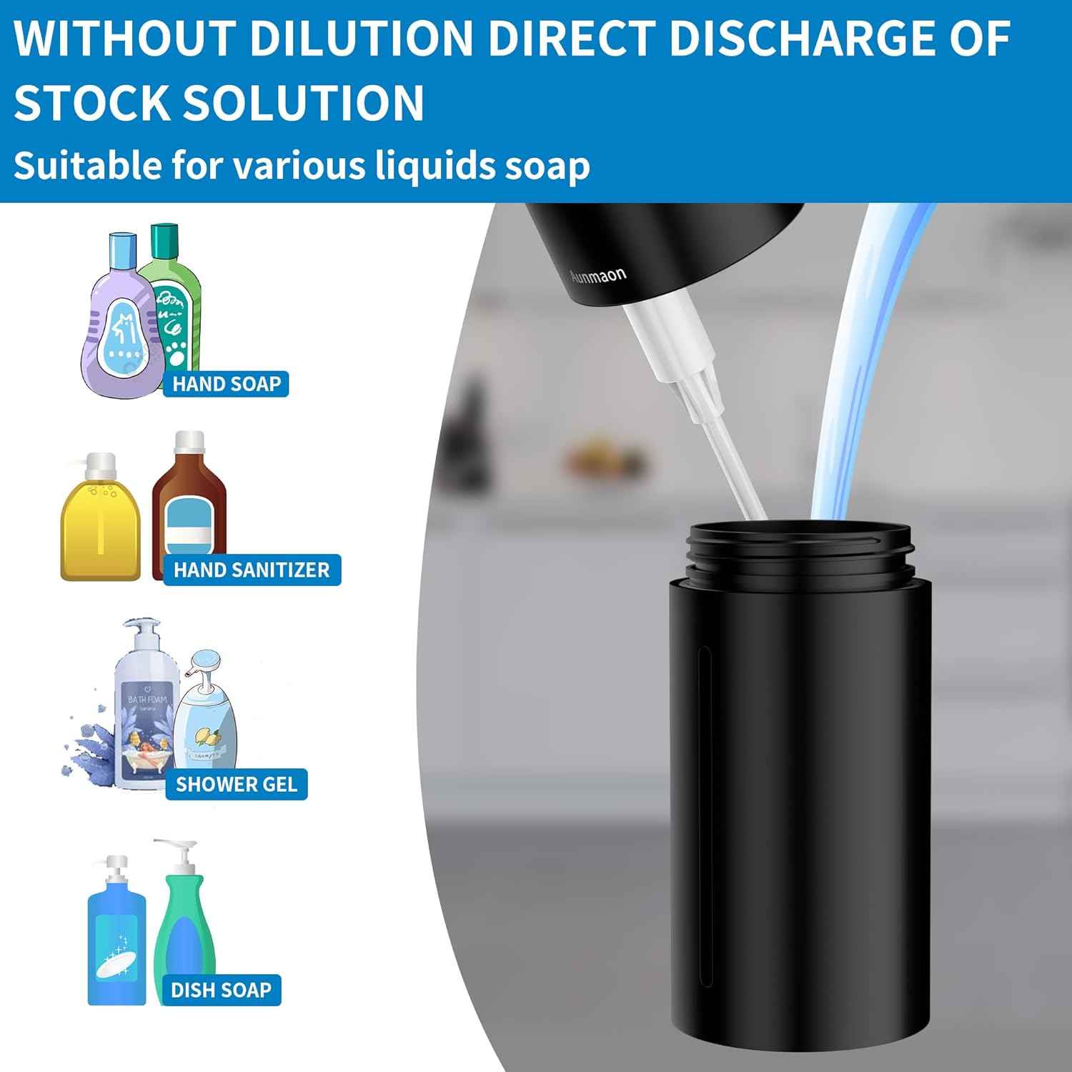Aunmaon Automatic Soap Dispenser Touchless, Hands-Free, Multi Adjustable Volume, Long Battery Life, Compatible with Thick & Thin Dish/Hand Soap for Bathroom and Kitchen, Easy for Toddlers, Black