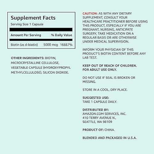 Amazon Elements Vegan Biotin 5000 mcg for Hair, Skin, and Nails, 130 Capsules, 4 Month Supply (Packaging may vary)