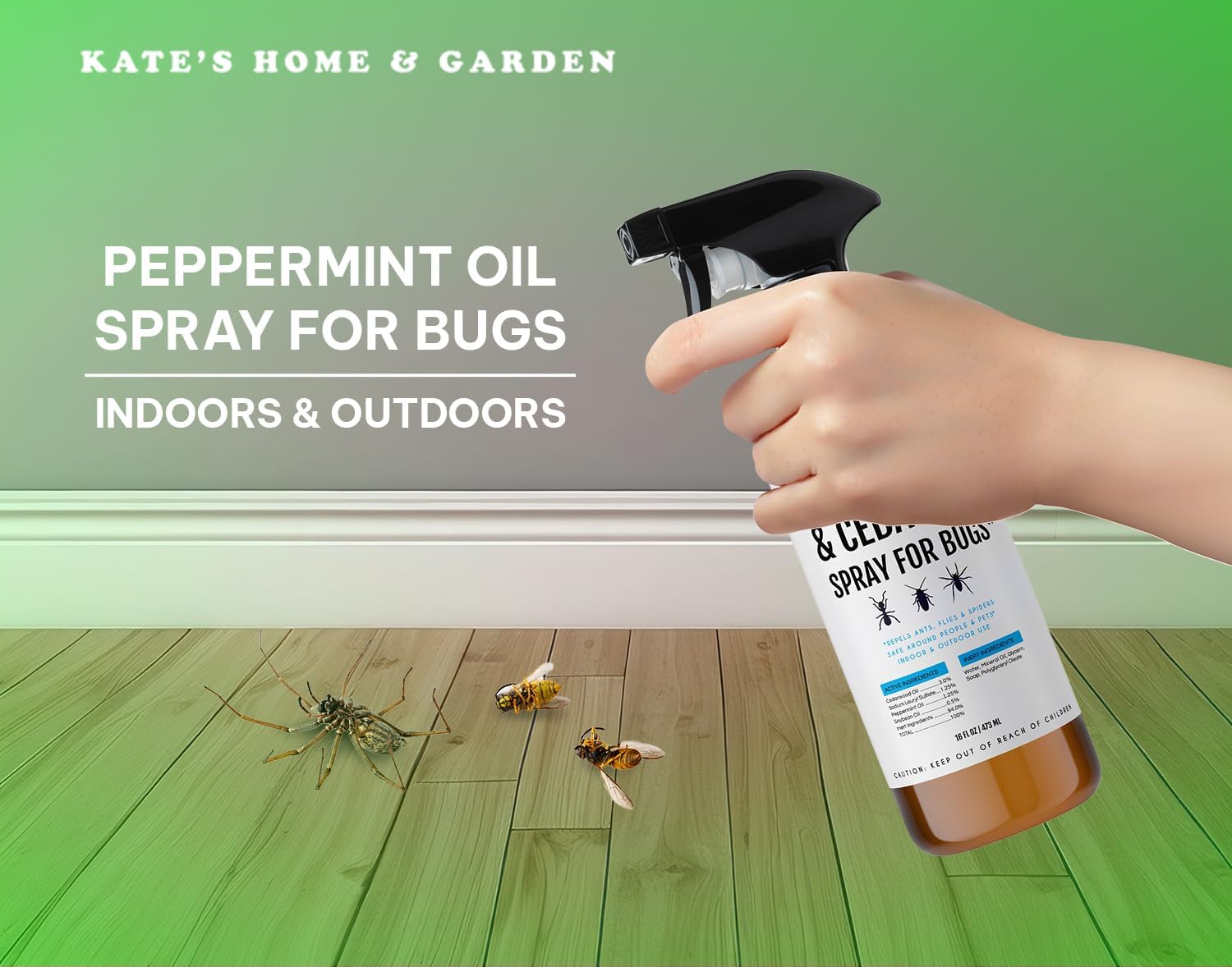 Kate's Home & Garden Peppermint Oil Spray for Bugs, Ants, Insects, Spiders, Roaches, Stink Bug. Pesticide and Insecticide Indoor Repellent Pest Control with Cedar Oil (16oz, Natural, Non Toxic)