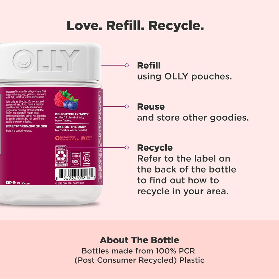 OLLY Women's Daily Multivitamin Gummy, Vitamins A, D, C, E, Biotin, Folic Acid, Adult Chewable Vitamin, Berry Flavor, 65 Day Supply - 130 Count