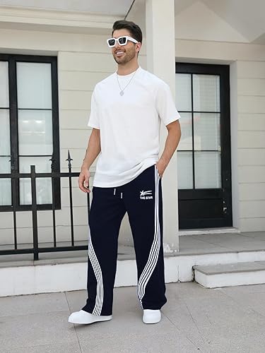 GORGLITTER Men's Baggy Wide Leg Sweatpants Y2K Striped Side Drawstring Waist Barrel Track Pants with Pockets