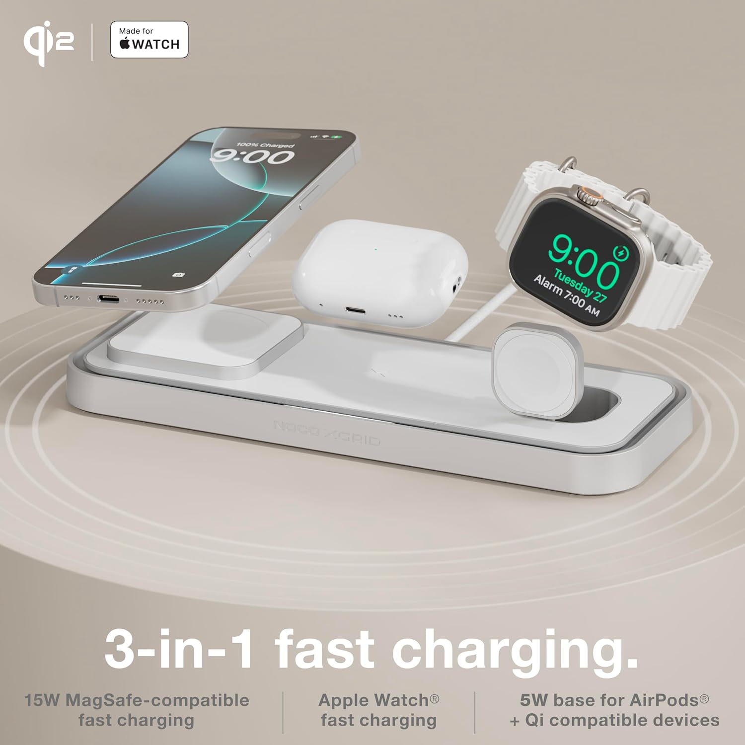 NOCO XGrid XDP3: 3-in-1 Wireless Charging Pad – Charging Station for iPhone, Apple Watch, and AirPods – MagSafe Compatible, Qi2 Certified – Includes 45W USB-C Wall Charger and 6.5-Foot USB-C Cable