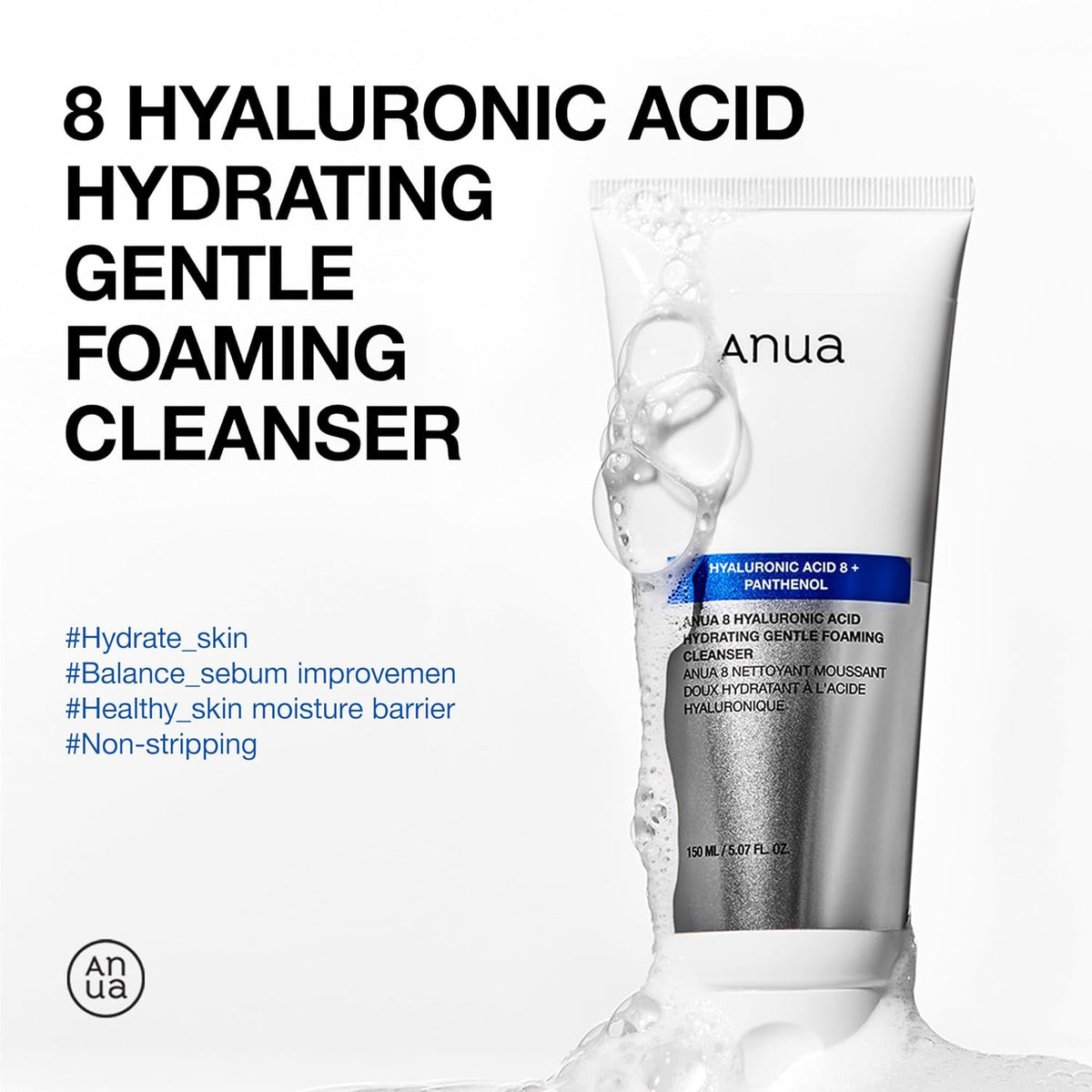 ANUA Hydrating Gentle Foaming Cleanser, Daily Face Wash for Double Cleansing, Hyaluronic Acid, Zinc, Panthenol, for Dry & Sensitive Skin, Sebum Balance Facial Cleanser, Korean Skincare, 5.07 fl. oz