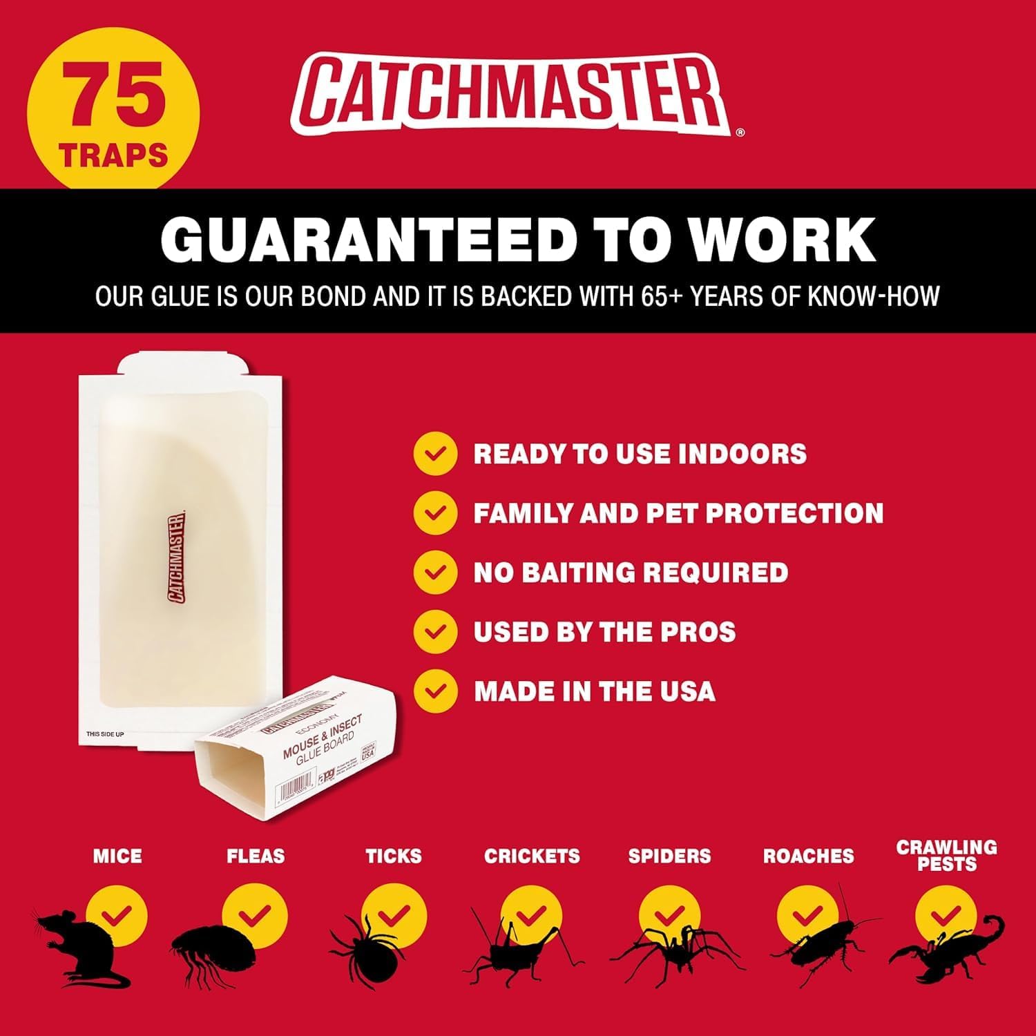 Catchmaster Compact Sticky Insect & Mouse Traps 75-Count, 3.5"x7" Glue Boards for Mice & Insects, Ultra Sticky Mouse Traps Indoor for Home Use in Garages, Basements & Attics, Capture in Tight Places