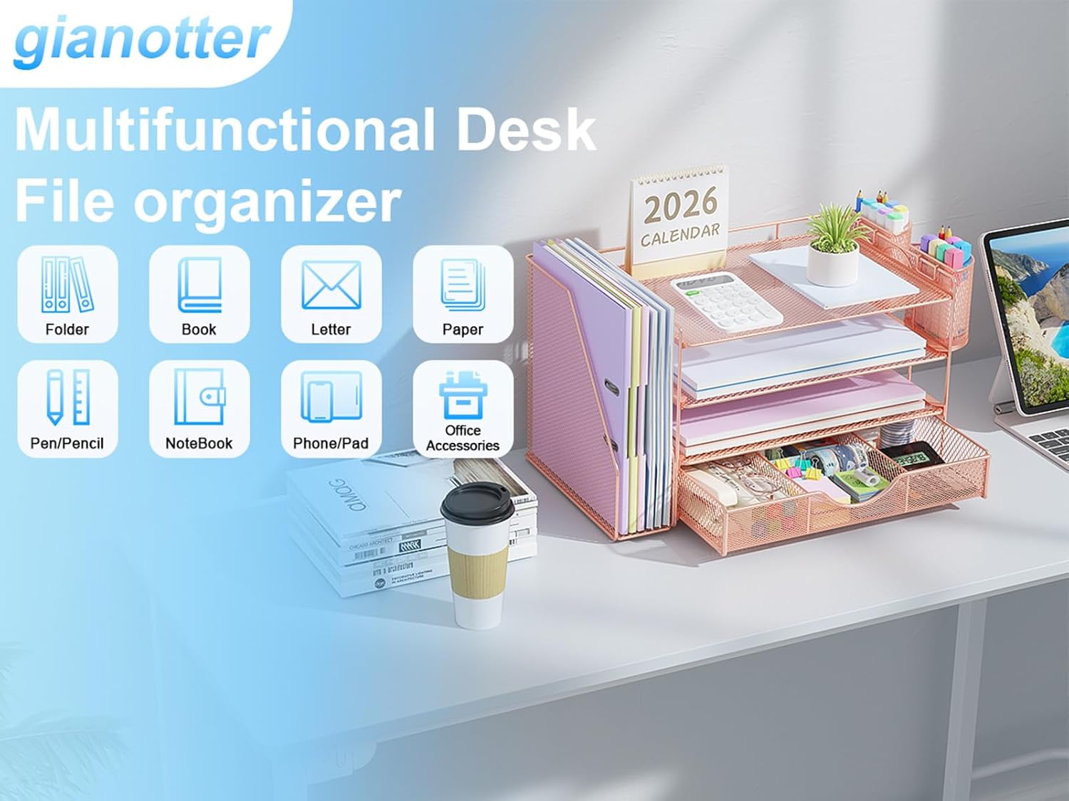 gianotter Desk Organizers and Accessories with File Holder, 4-Tier Desk Accessories & Workspace Organizers with Drawer and 2 Pen Holder, Paper Organizer for Office Supplies (Rose Gold)