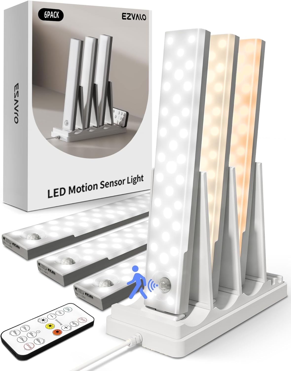 EZVALO 6-Pack Under Cabinet Lighting with Charging Station, 2000mAh Rechargeable Wireless Motion Sensor Lights, 3 Color Temps, Dimmable, Timer, Magnetic, with Remote Control for Kitchen, Closet, Stair