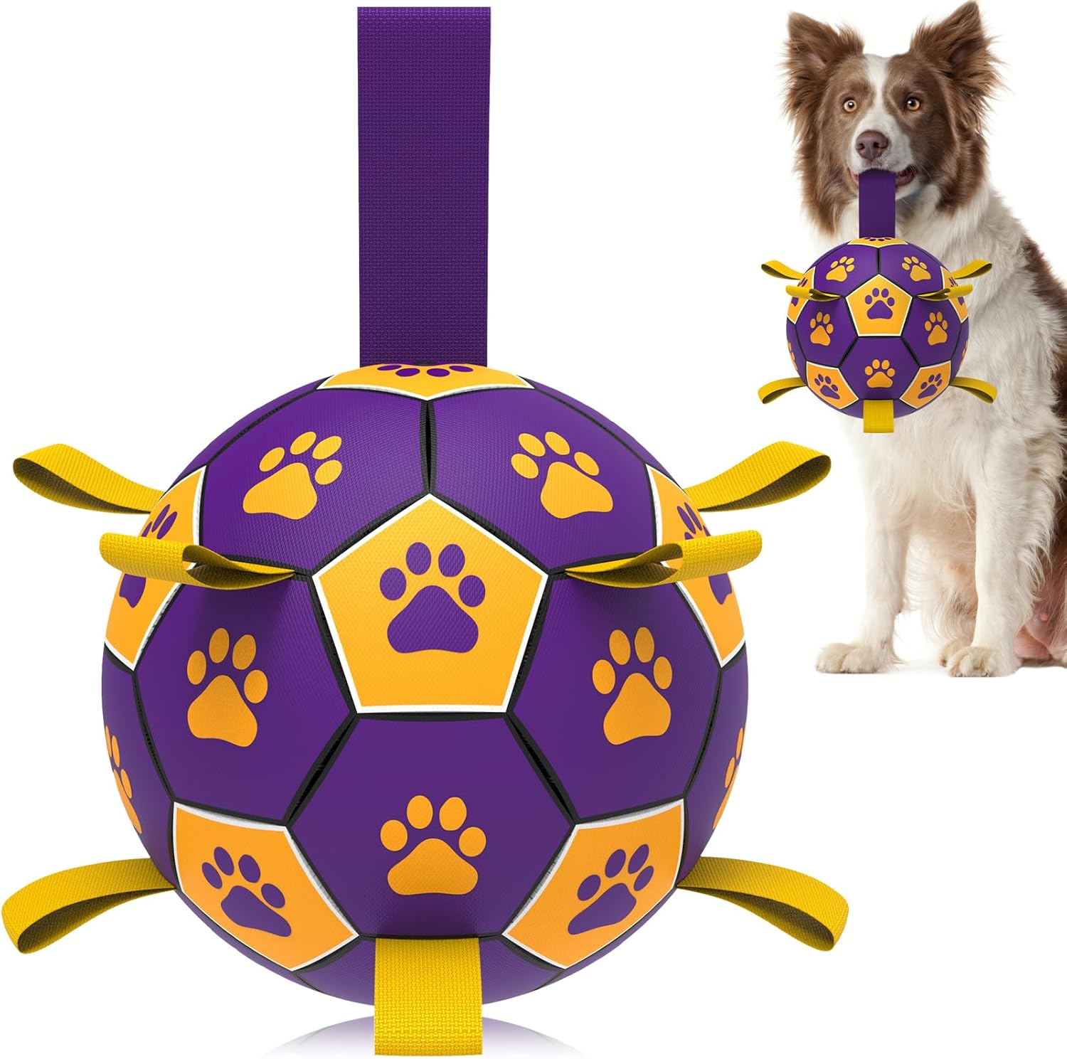 Qdan dog toys 6 inch world cup dog soccer ball with straps for small medium pet outdoor play