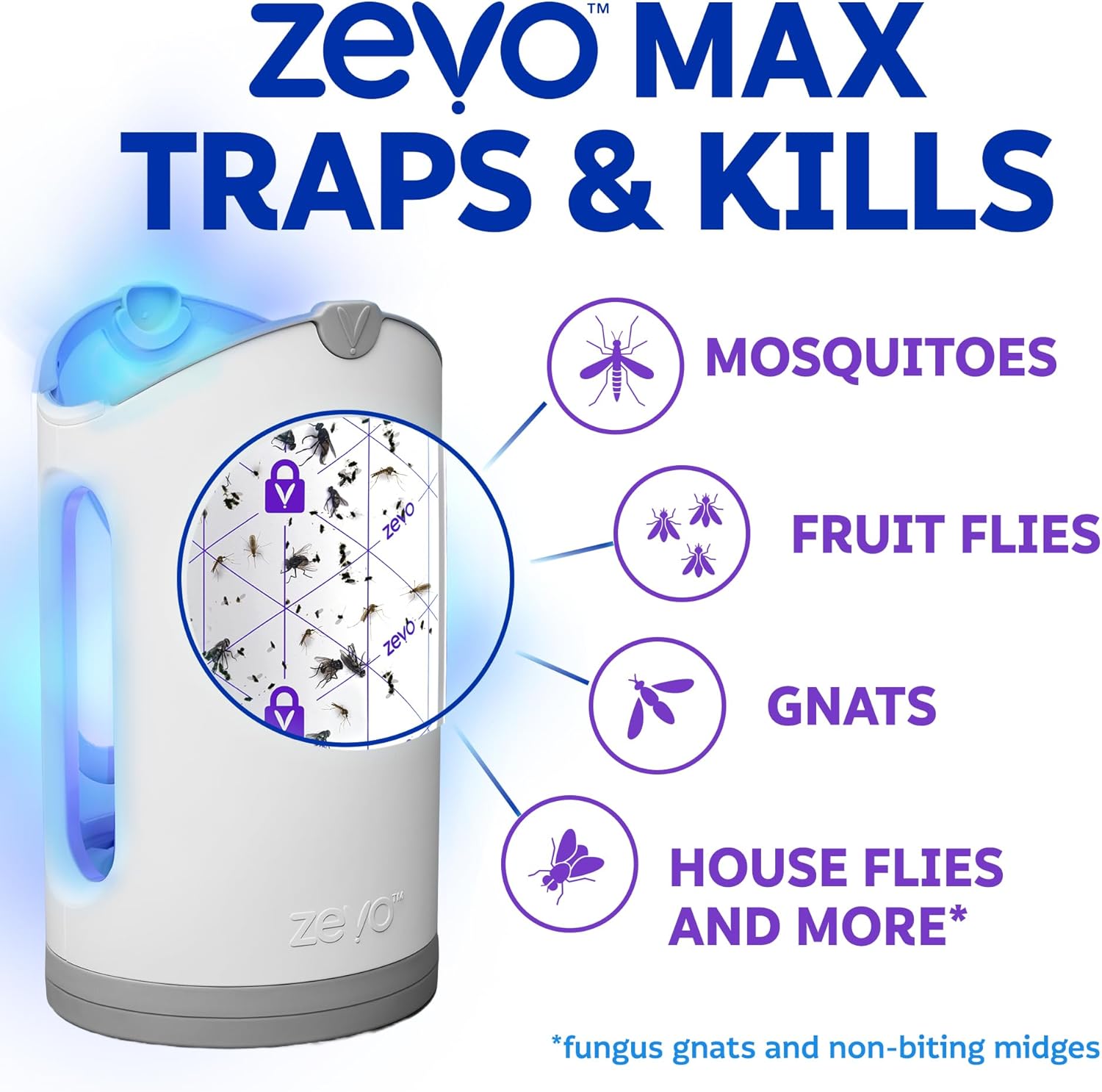 Zevo MAX Bug Catcher & Fly Trap for Indoors - Flying Insect Trap for Gnats, House & Fruit Flies - Use in Any Room - No-Mess Disposal (1 Plug in Base & 2 Cartridges)