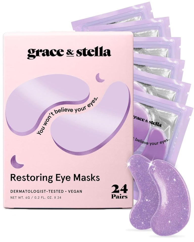 grace & stella Retinol Under Eye Patches for PLffy Eyes & Dark Circles - Restoring Gel Under Eye Masks with Hyaluronic Acid - Birthday Gifts for Women, Bachelorette Party Favors (PLrple, 24 Pairs)