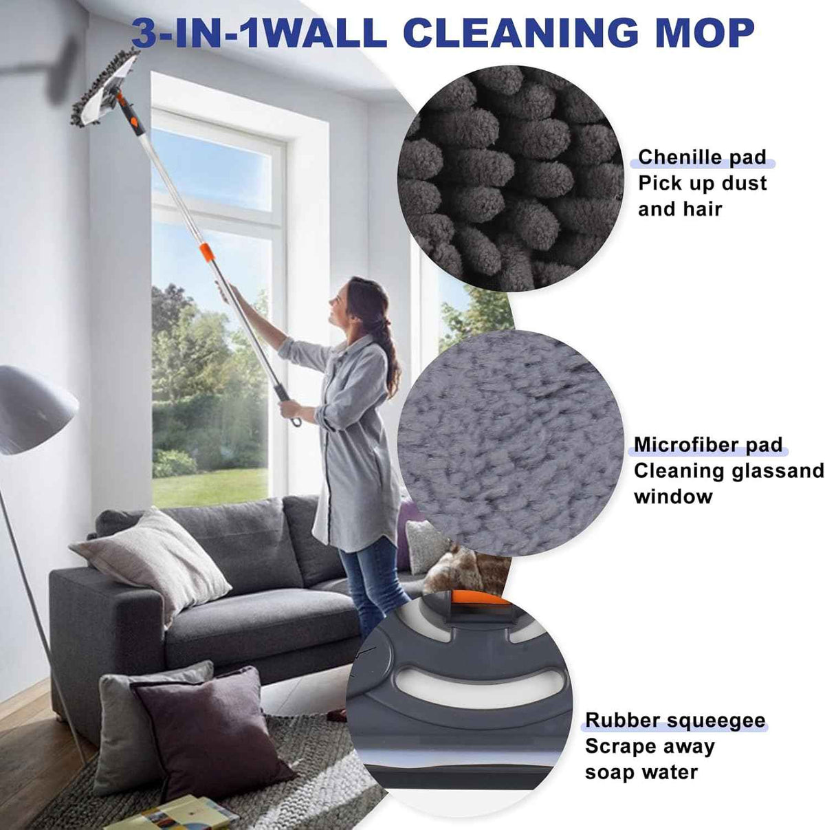 Wall Cleaner Mop with 79 Inches Long Handle, 360° Wall Washer Cleaner Tool for Walls/Ceiling Fans/Dust/Baseboard/Floors Clean, Ceiling Cleaner Tool Duster with Squeegee 6 Replacement Pads