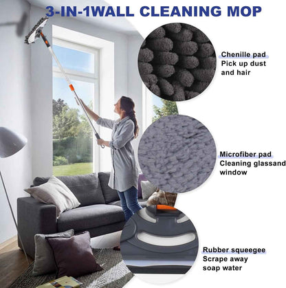 Wall Cleaner Mop with 79 Inches Long Handle, 360° Wall Washer Cleaner Tool for Walls/Ceiling Fans/Dust/Baseboard/Floors Clean, Ceiling Cleaner Tool Duster with Squeegee 6 Replacement Pads