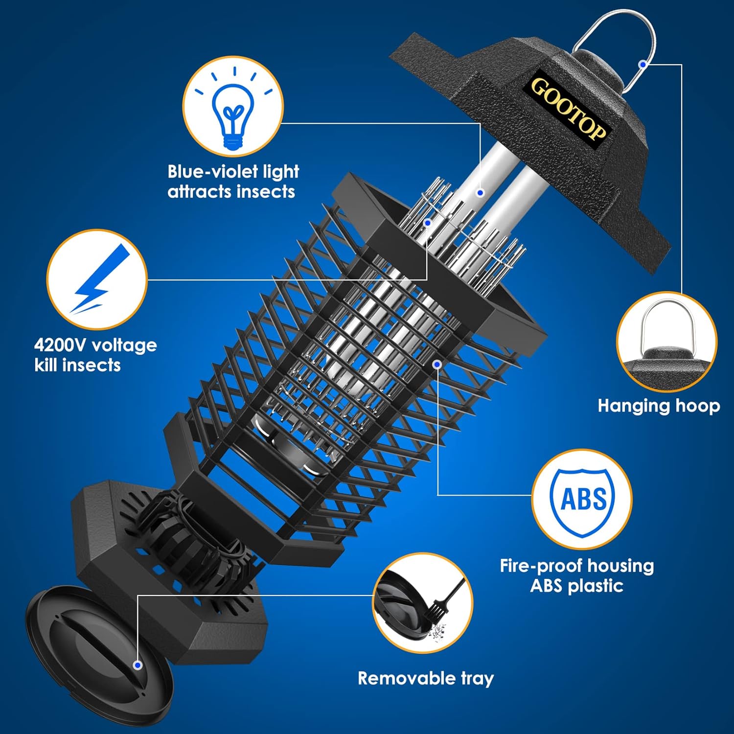GOOTOP Bug Zapper Outdoor, Mosquito Zapper, 3 Prong Plug in Electric Fly Zapper, Mosquito Killer, Fly Traps, Flying Insects Zapper Indoor Outdoor 90-130V, 4200V, ABS Plastic Outer (Black)