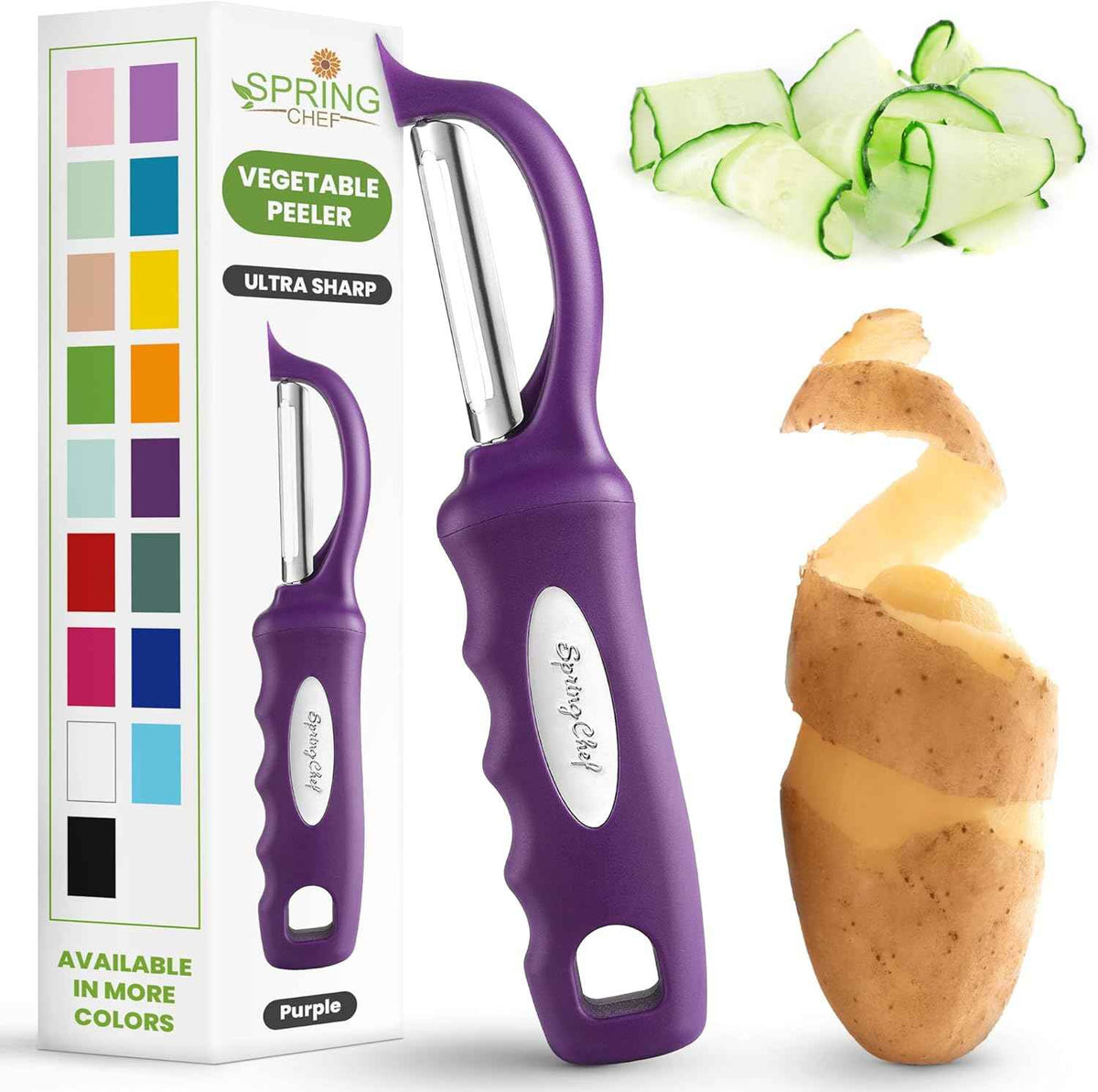 Spring Chef Premium Swivel Vegetable Peeler, Soft Grip Handle and Ultra Sharp Stainless Steel Blades - Perfect Kitchen Peeler For Veggie, Fruit, Potato, Carrot, Apple - Black