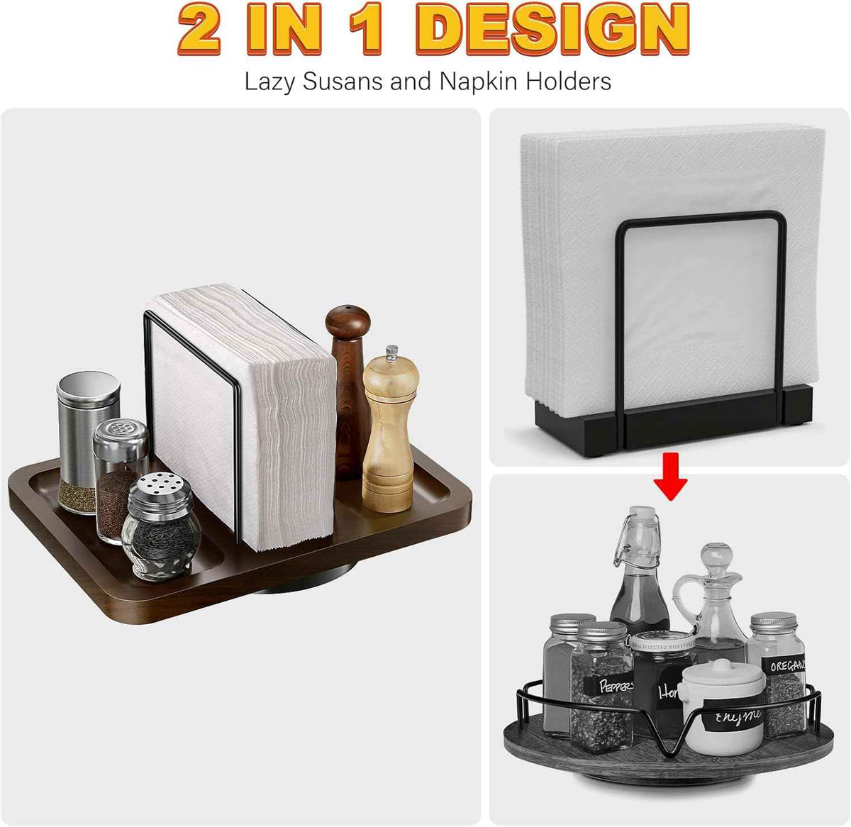 Napkin Holder for Table, Rotating Metal Napkin Dispenser with Salt and Pepper Shakers Caddy Standing Paper Towel Holder for Bathroom Kitchen Dining Table Decor Not Including Shakers