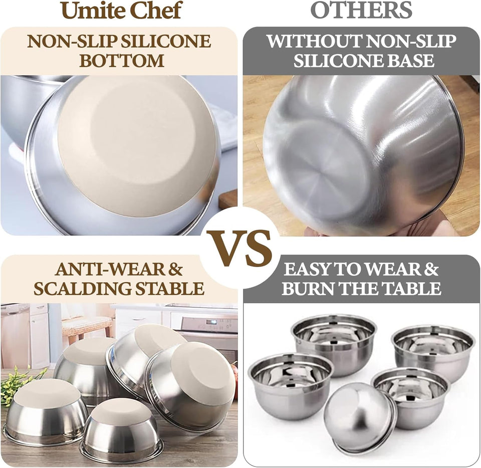 Umite Chef Mixing Bowls with Airtight Lids Set, 8PCS Stainless Steel Khaki Nesting Bowls with Grater Attachments, Kitchen Bowls with Non-Slip Bottoms, Size 5, 4, 3.5, 2, 1.5QT for Mixing & Serving