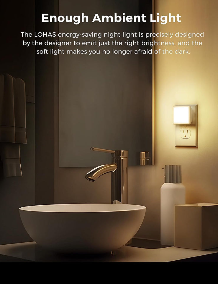 L LOHAS LED Night Lights Plug into Wall 2-Pack, 0.3W Plug in Night Light, Dusk to Dawn, 3000K Soft White, Bright Nightlight Auto-On/Off, for Adults Kids Room Bedroom Bathroom Hallway Kitchen, Non-Dim