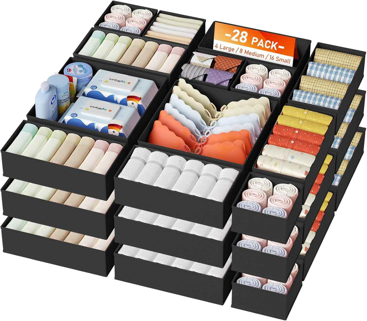 DIMJ Drawer Organizer Clothes, 12 Pack Dresser Organizer, Foldable Closet Organizers and Storage, Fabric Dresser Bins, Drawer Dividers for Nursery, Baby Clothes, Underwears, Sock (Beige)