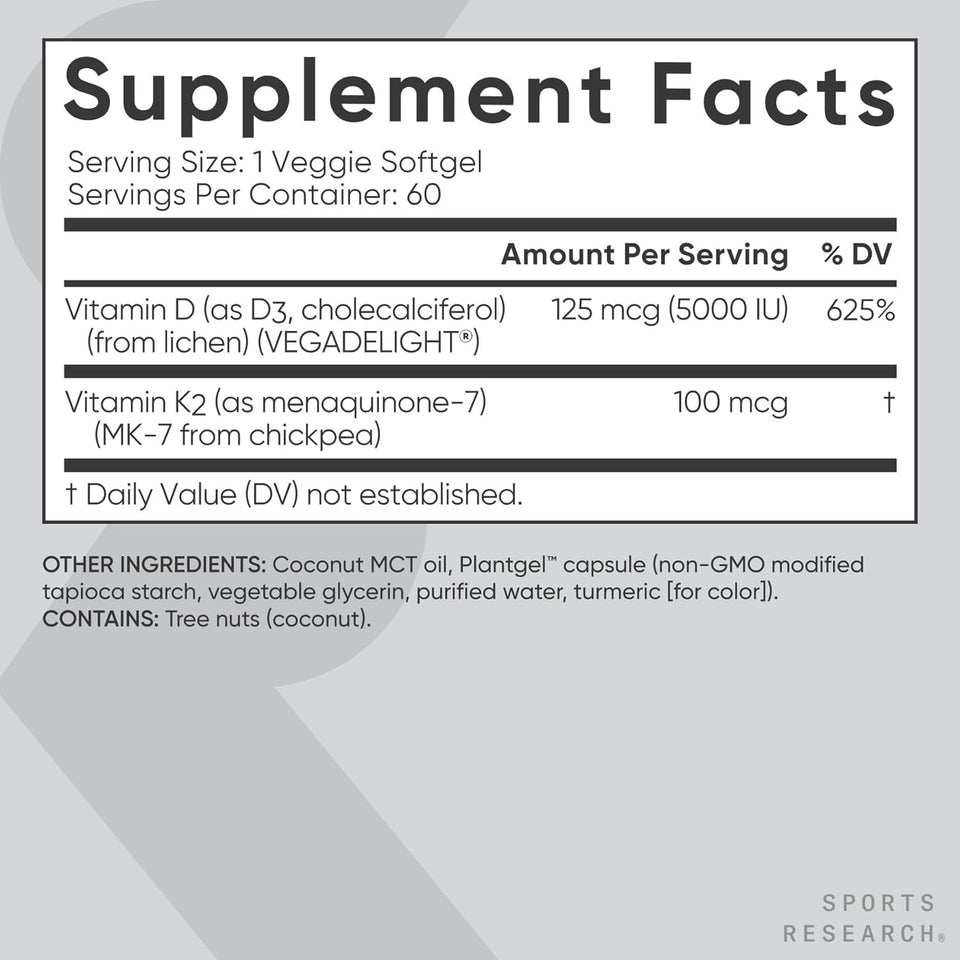 Sports Research® Vitamin D3 + K2 w/ Coconut Oil - Vegan Vitamin D 5000iu & Mk7 Vitamin K 100mcg for Bone & Immune Support - Vegan Certified · Non-GMO · Soy Free - 60 Softgels