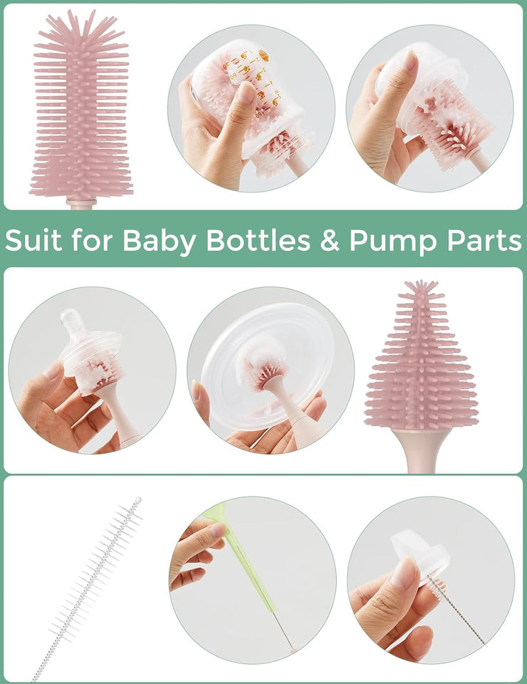 Silicone Baby Bottle Brush Set with Push-Press Foam Dispenser – Portable 3-Piece Cleaning Kit for Breast Pumps, Nipples, and Straws in Pink