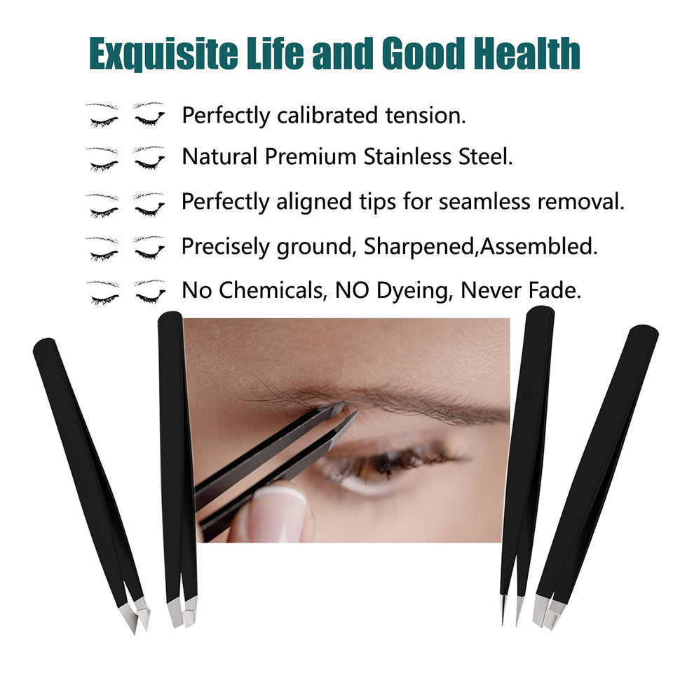 LUDOUPIER [4+1 Pieces] Tweezers Set with Travel Case, Great Precision Upgrade Professional Anti-rust Alloy Tweezers for Women & Men Multi-PLrpose as Eyebrows Facial Hair Ingrown Hair Removal